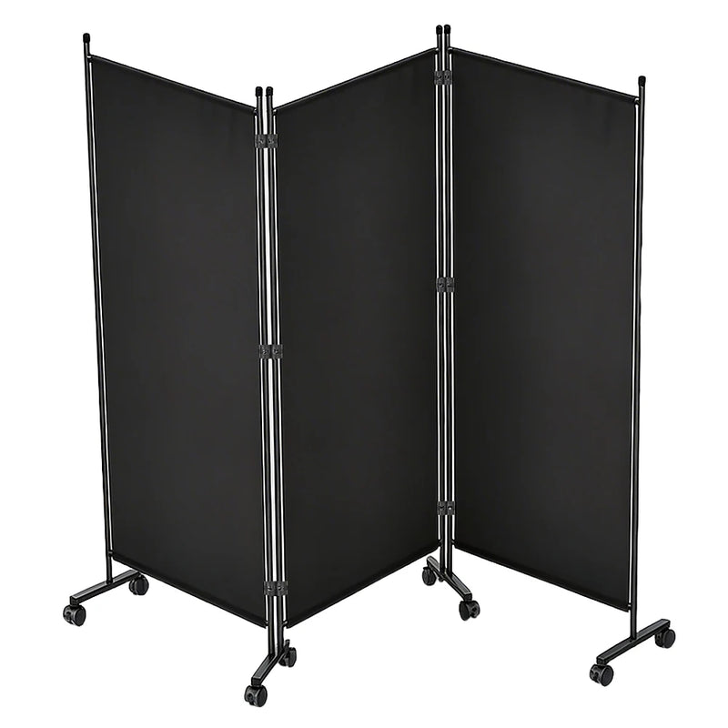 Paravent 3 Panneaux sur Roulettes Tissu Noir Intérieur Extérieur 259 x 183 cm