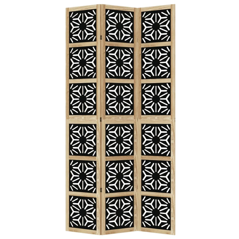 Paravent 3 panneaux ajouré motif géométrique paulownia naturel et noir, pour une chambre