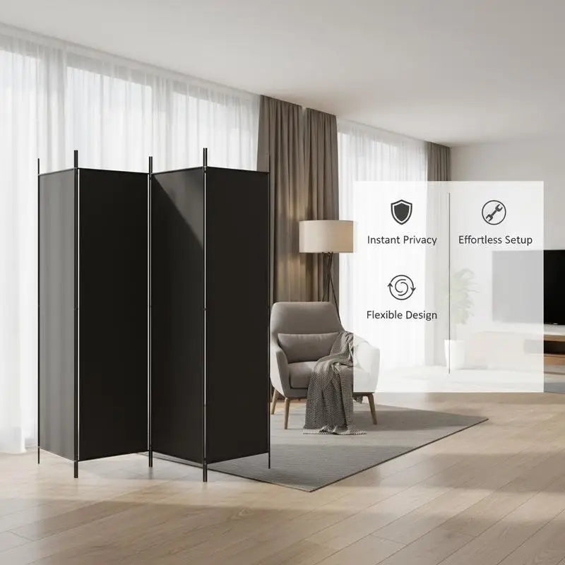 Paravent 6 Panneaux Tissu Noir Cadre Fer 300 x 200 cm