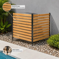 Brise-vue bois aluminium cache-climatiseur 2 panneaux, finition bois naturel et poteaux noirs
