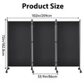 Paravent 3 Panneaux sur Roulettes Tissu Noir Intérieur Extérieur 259 x 183 cm