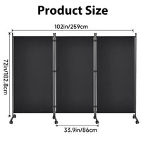 Paravent 3 Panneaux sur Roulettes Tissu Noir Intérieur Extérieur 259 x 183 cm
