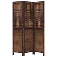 Paravent 3 panneaux bois paulownia et bambou tressé brun foncé, pour une chambre