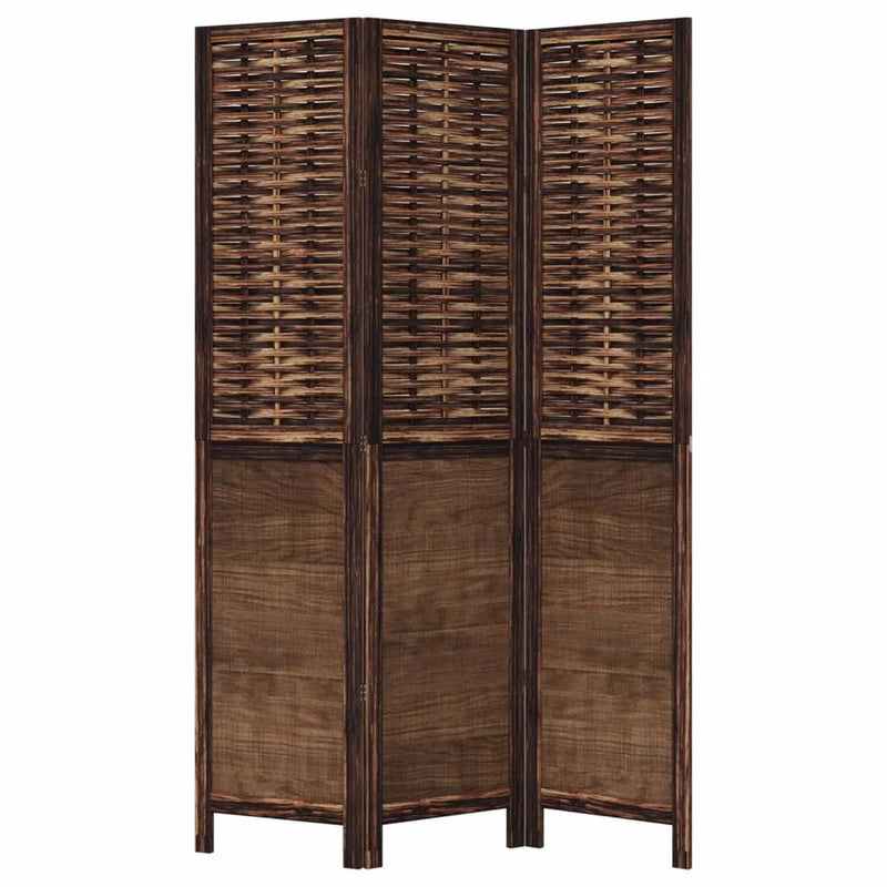Paravent 3 panneaux bois paulownia et bambou tressé brun foncé, pour une chambre