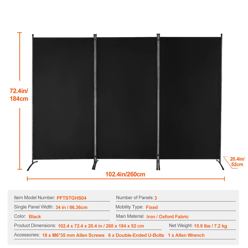 Paravent 3, 4 ou 6 panneaux Oxford noir gris beige, coloris noir, 3 panneaux, 260 x 184 cm