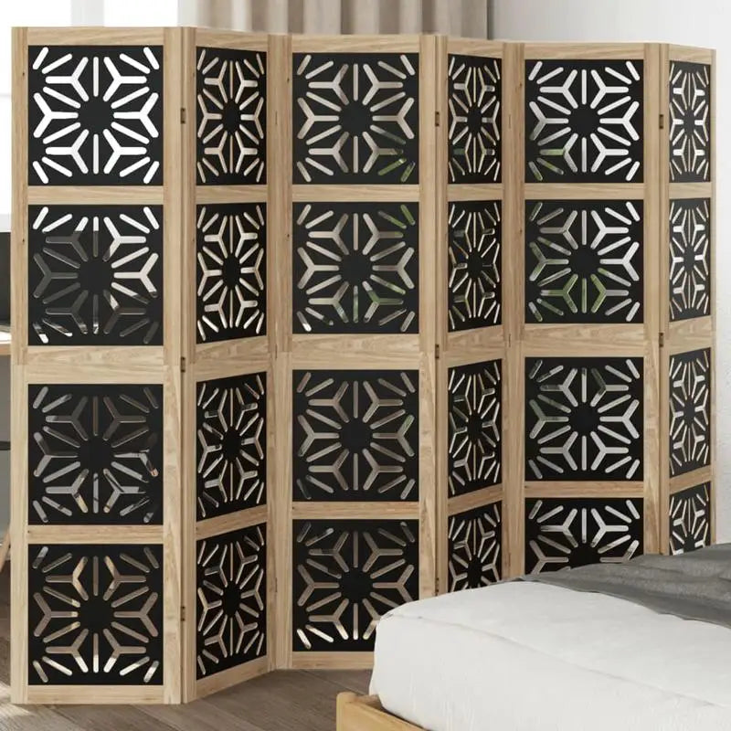 Paravent 6 panneaux bois paulownia motif géométrique ajouré noir