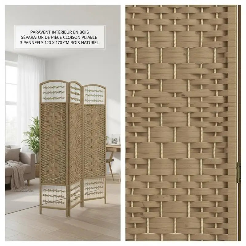 Paravent 3 panneaux fibres de papier tressées cadre bois naturel, pour un salon