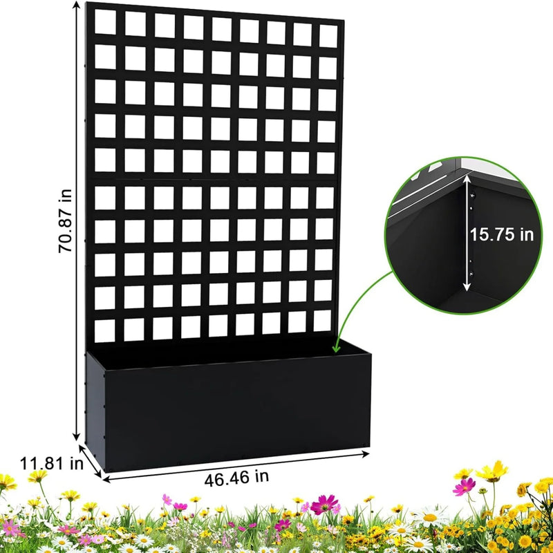 Paravent extérieur métal grille carrée bac surélevé noir, pour un jardin