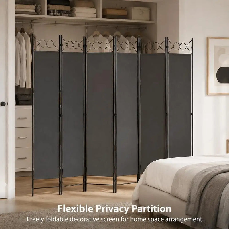 Paravent 6 panneaux tissu anthracite cadre métal, pour un salon