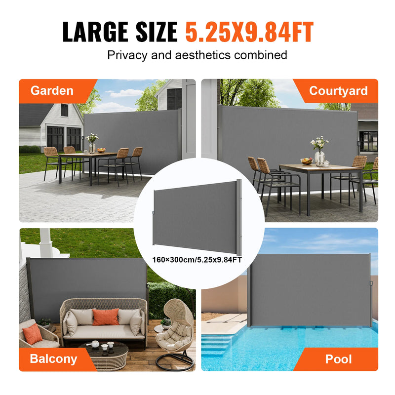 Paravent rétractable latéral extérieur polyester gris beige, pour un espace ouvert