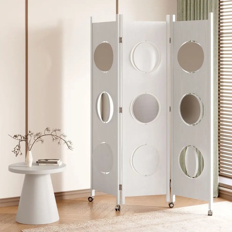 Paravent 3 Panneaux Disques Pivotants sur Roulettes Bois 129 x 185 cm
