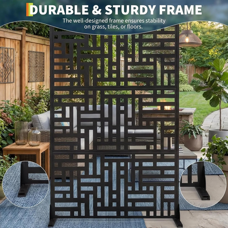 Paravent extérieur acier noir motif rectangles entrelacés autoportant, pour un balcon