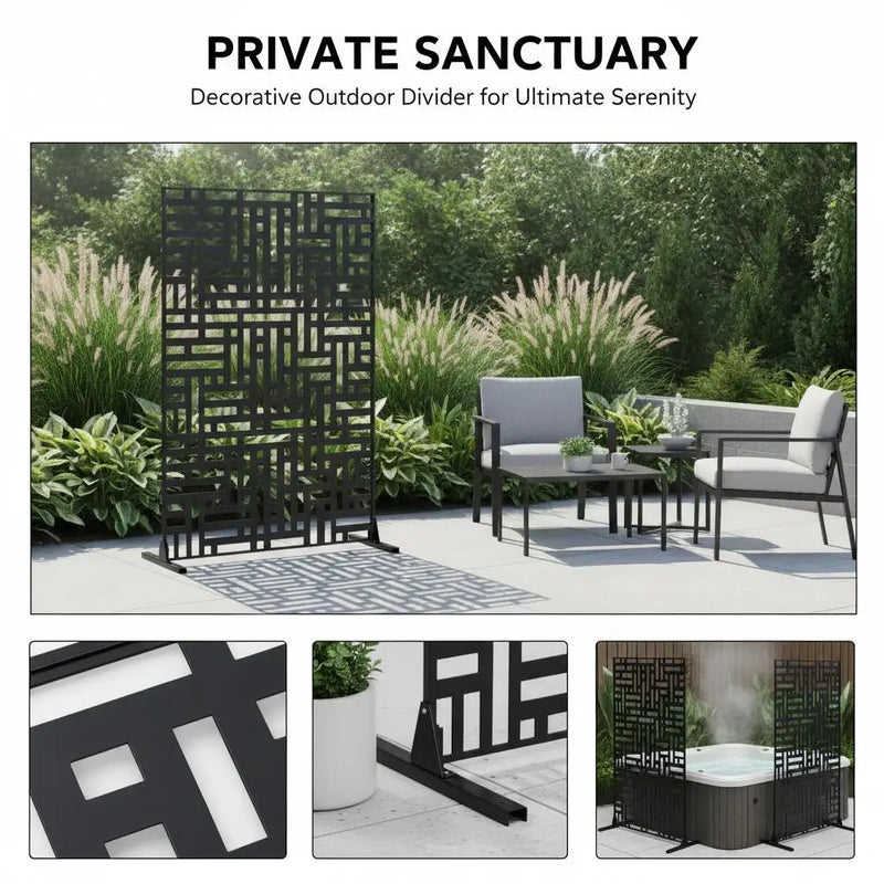 Paravent Extérieur Métal Noir Motif Géométrique Autoportant 120 x 193 cm