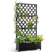 Paravent extérieur jardinière treillis losanges roulettes noir blanc, pour un jardin