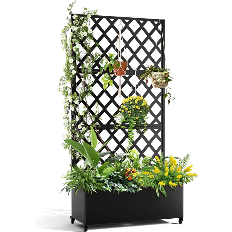 Paravent extérieur jardinière treillis losanges roulettes noir blanc, pour un jardin