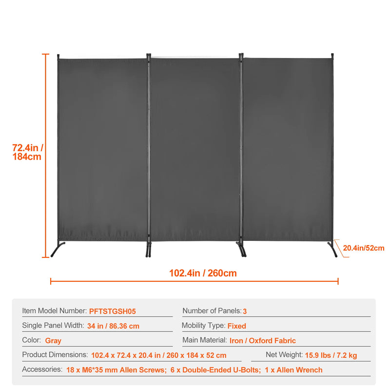Paravent 3, 4 ou 6 panneaux Oxford noir gris beige, coloris gris, 3 panneaux, 260 x 184 cm