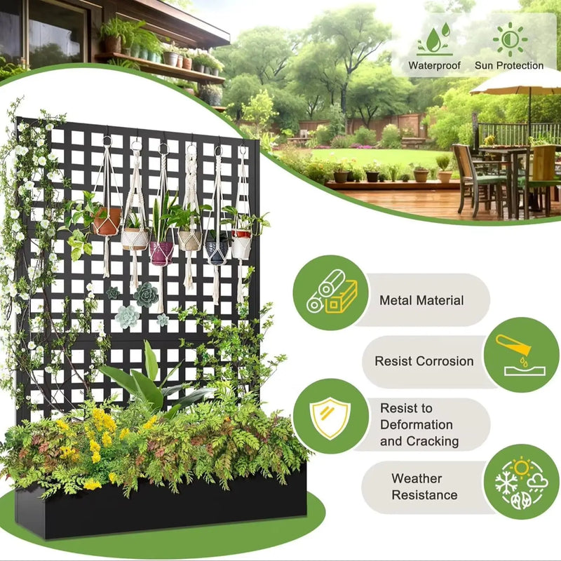 Paravent extérieur jardinière treillis carreaux métal noir, pour une terrasse