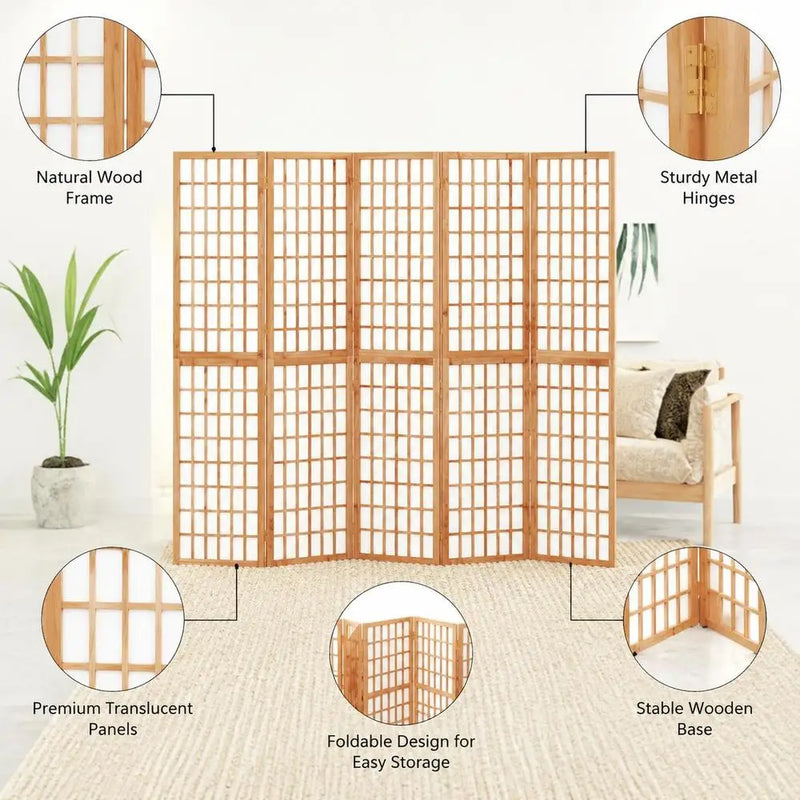 Paravent japonais 5 panneaux shoji bois naturel, pour une chambre