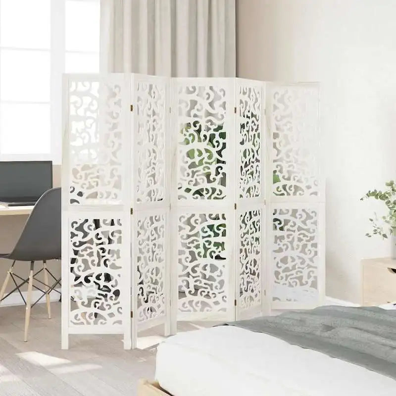 Paravent 5 Panneaux Bois Ajouré Arabesques Blanc Hauteur 160 cm