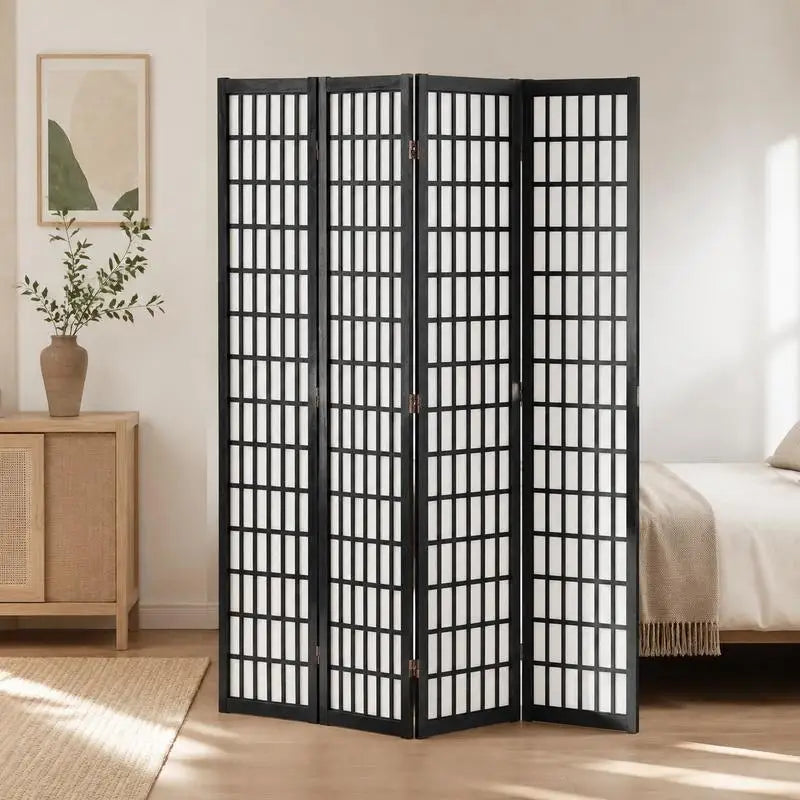 Paravent japonais pliable 4 panneaux cadre noir tissu blanc