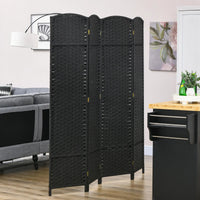 Paravent 4 Panneaux Tressé Polypropylène Noir Cadre Pin 160 x 170 cm