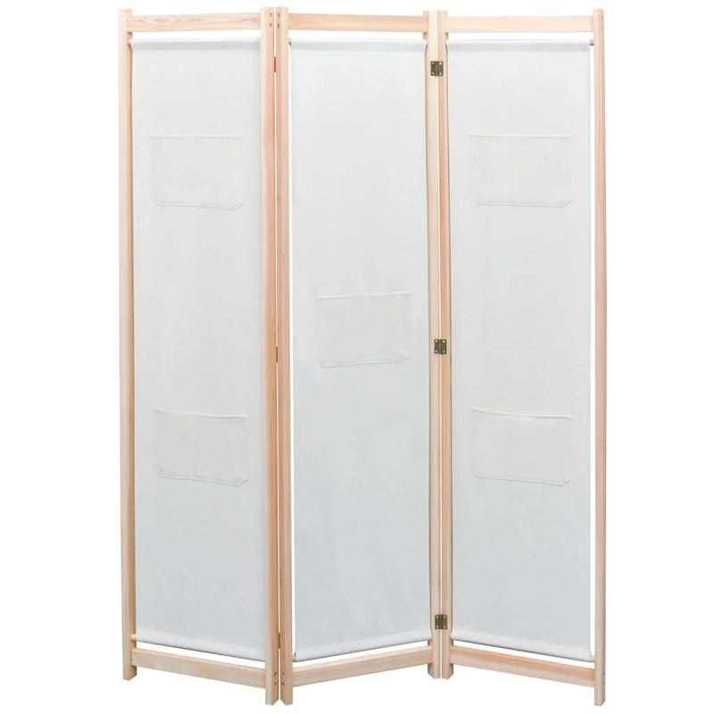 Paravent 3 Panneaux Bois et Tissu Crème 120 x 170 cm