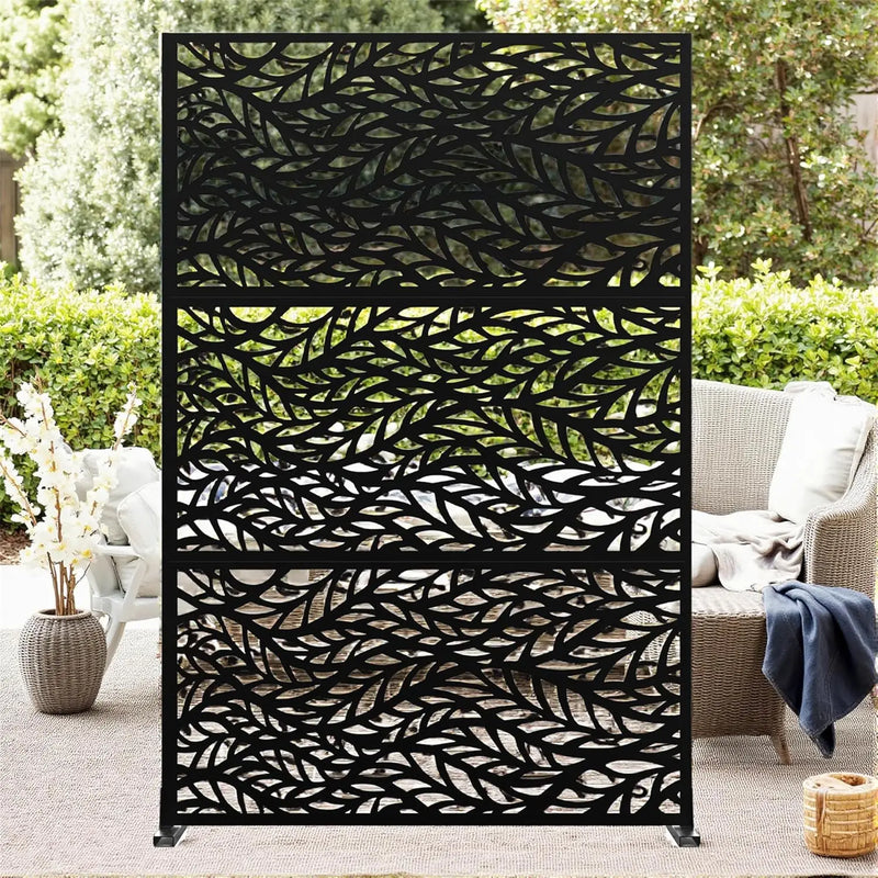 Paravent Extérieur Métal Ajouré Noir Blanc Bois 120 x 183 cm