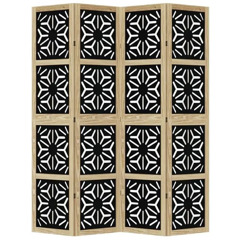 Paravent 4 Panneaux Bois de Paulownia Ajouré Noir Motif Géométrique 180 cm