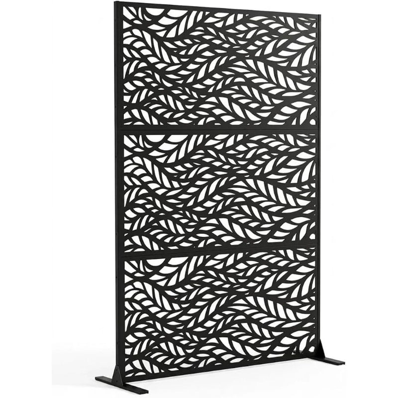 Paravent Extérieur Métal Noir Motif Feuilles Autoportant 119 x 183 cm