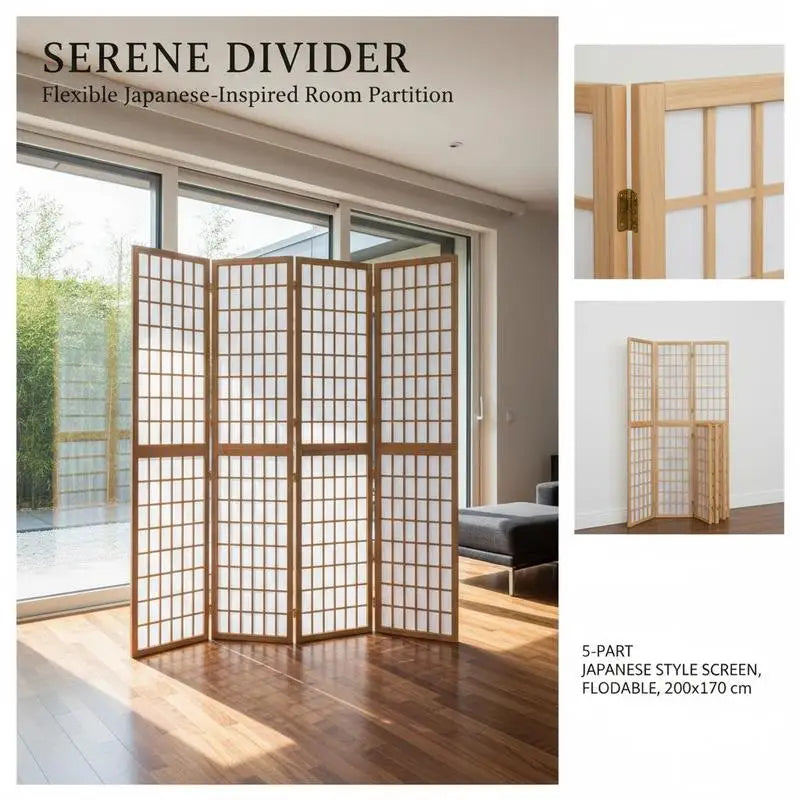 Paravent japonais shoji 5 panneaux bois clair papier de riz, pour une entrée