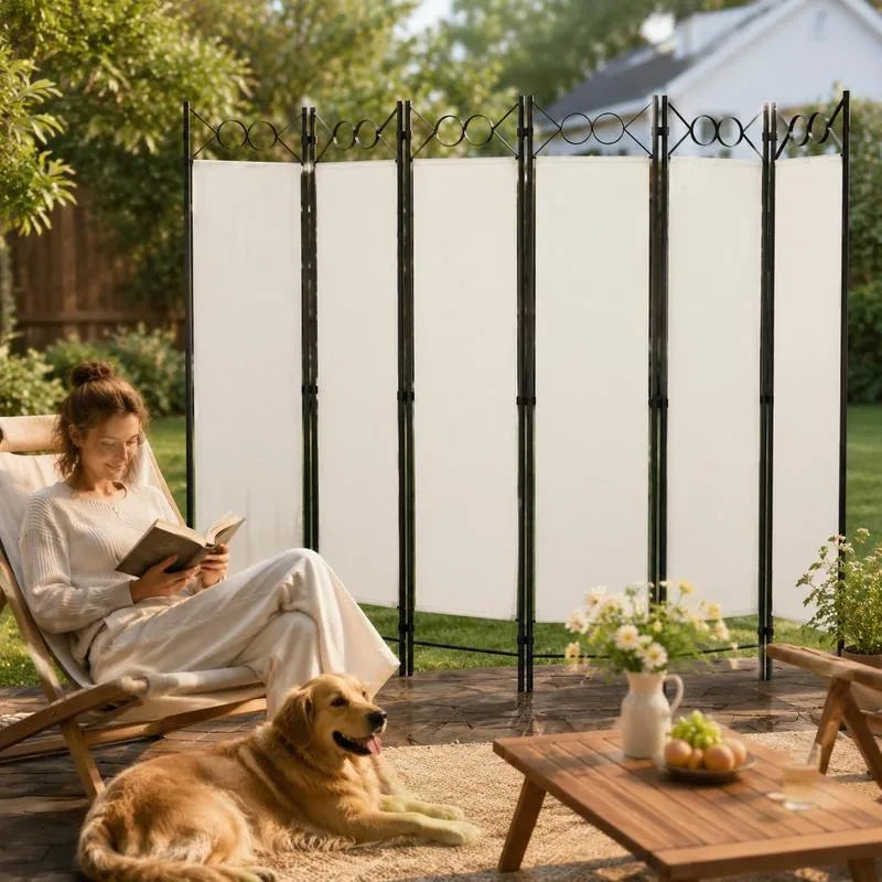 Paravent 6 Panneaux Tissu Blanc Cadre Fer Noir 240 x 180 cm