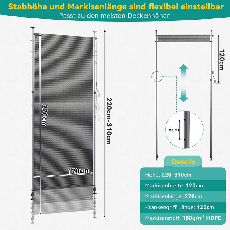 Paravent Rétractable Vertical HDPE Sans Perçage Gris ou Café 120 à 200 cm