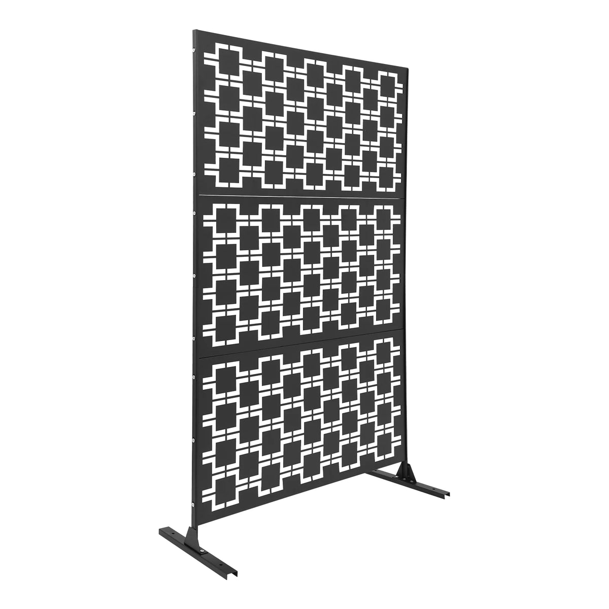 Paravent Extérieur Métal Noir Motif Carrés Imbriqués Autoportant 120 x 190 cm