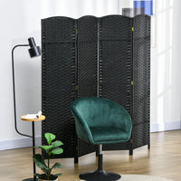 Paravent 4 Panneaux Tressé Polypropylène Noir Cadre Pin 160 x 170 cm