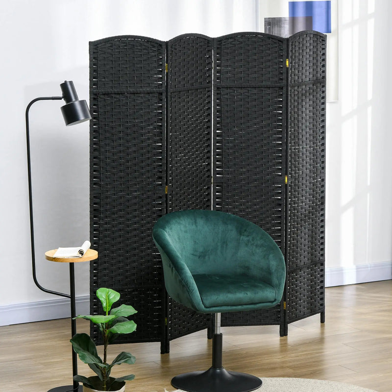 Paravent 4 Panneaux Tressé Polypropylène Noir Cadre Pin 160 x 170 cm