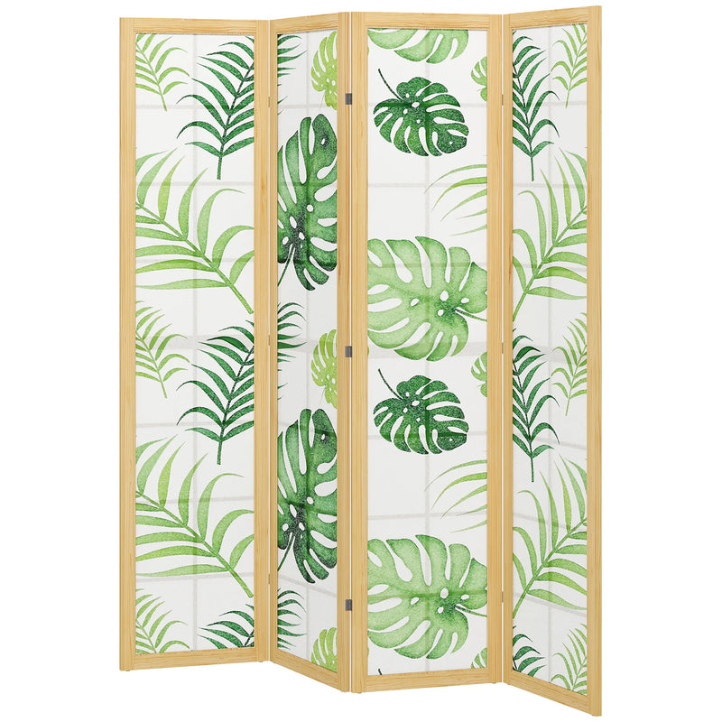 Paravent 4 Panneaux Imprimé Palmiers Tropicaux Cadre Bois de Pin 160 x 170 cm