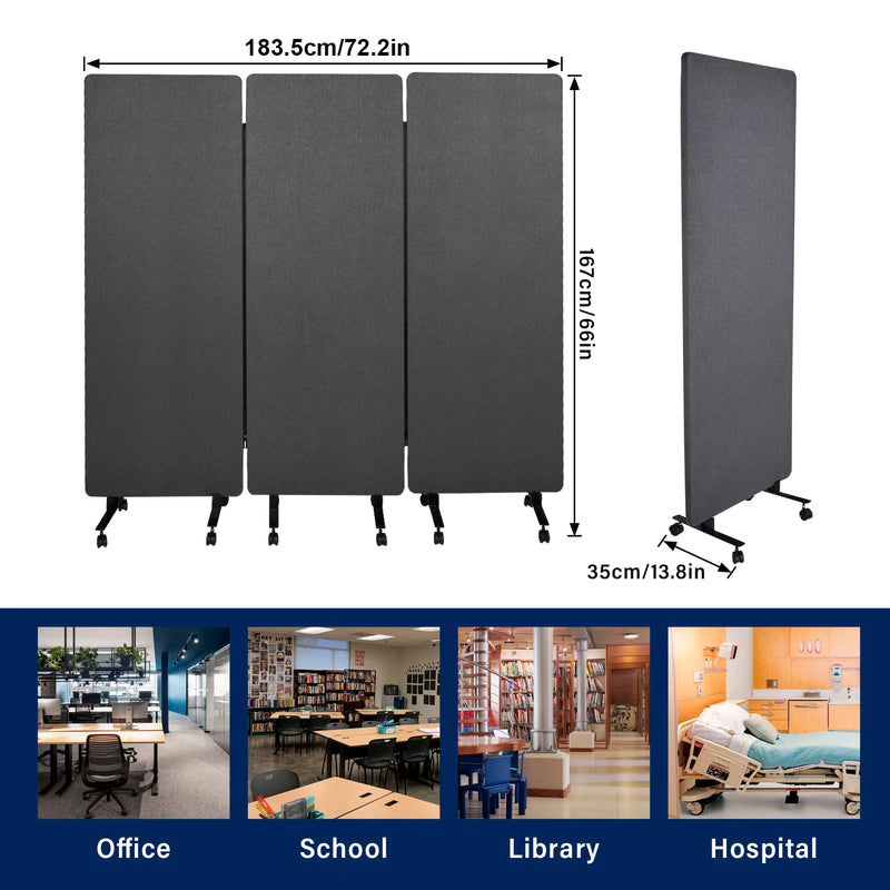 Cloison acoustique 3 panneaux gris foncé sur roulettes, pour un salon