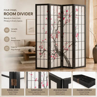 Paravent japonais fleurs de cerisier 4 panneaux cadre noir, pour un salon