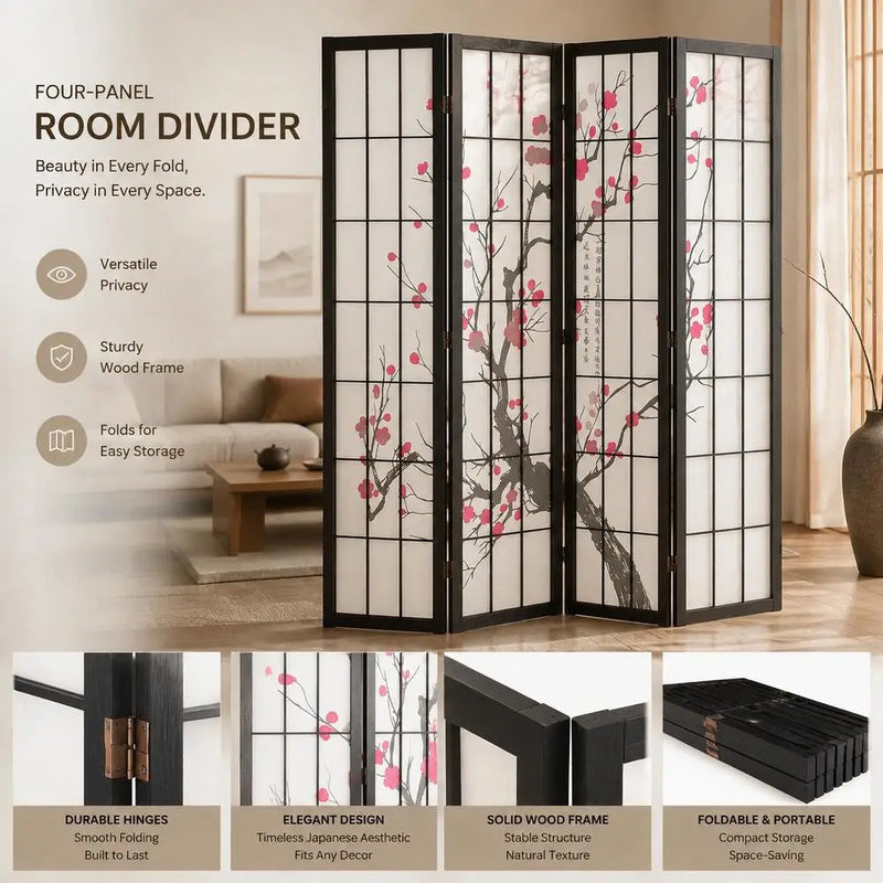 Paravent japonais fleurs de cerisier 4 panneaux cadre noir, pour un salon