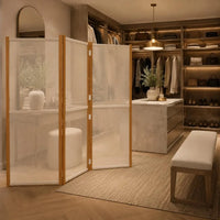 Paravent 3 Panneaux Bois d'Acacia Textilène Crème 210 x 180 cm