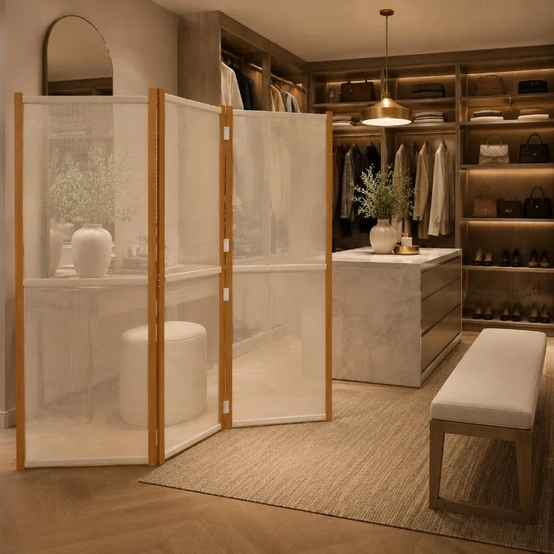 Paravent 3 Panneaux Bois d'Acacia Textilène Crème 210 x 180 cm