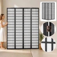 Paravent japonais pliable 4 panneaux cadre noir tissu blanc, dimensions 162 x 170 cm