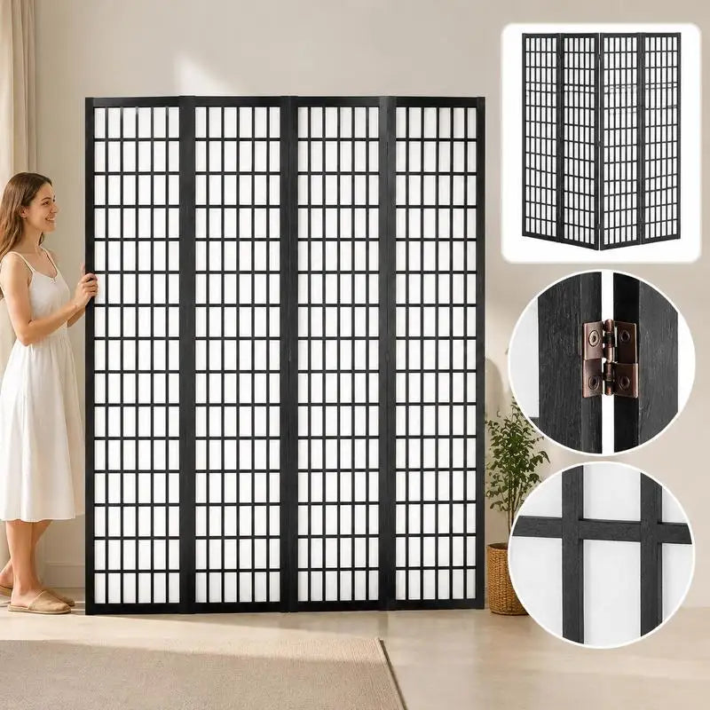 Paravent japonais pliable 4 panneaux cadre noir tissu blanc, dimensions 162 x 170 cm