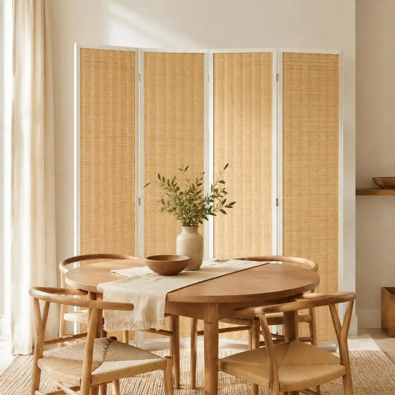 Paravent 4 Panneaux Bambou Fibres de Papier Cadre Blanc Naturel 180 x 180 cm