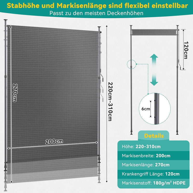 Paravent Rétractable Vertical HDPE Sans Perçage Gris ou Café 120 à 200 cm