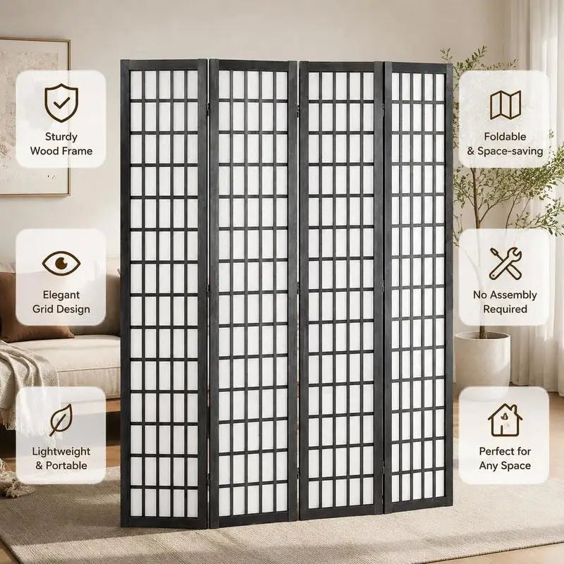 Paravent japonais pliable 4 panneaux cadre noir tissu blanc, pour préserver son intimité