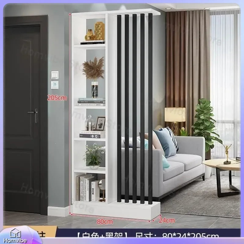 Étagère séparatrice de pièce à lames verticales blanc noir gris, pour une entrée