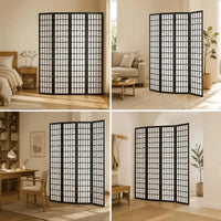 Paravent japonais pliable 4 panneaux cadre noir tissu blanc, pour un salon