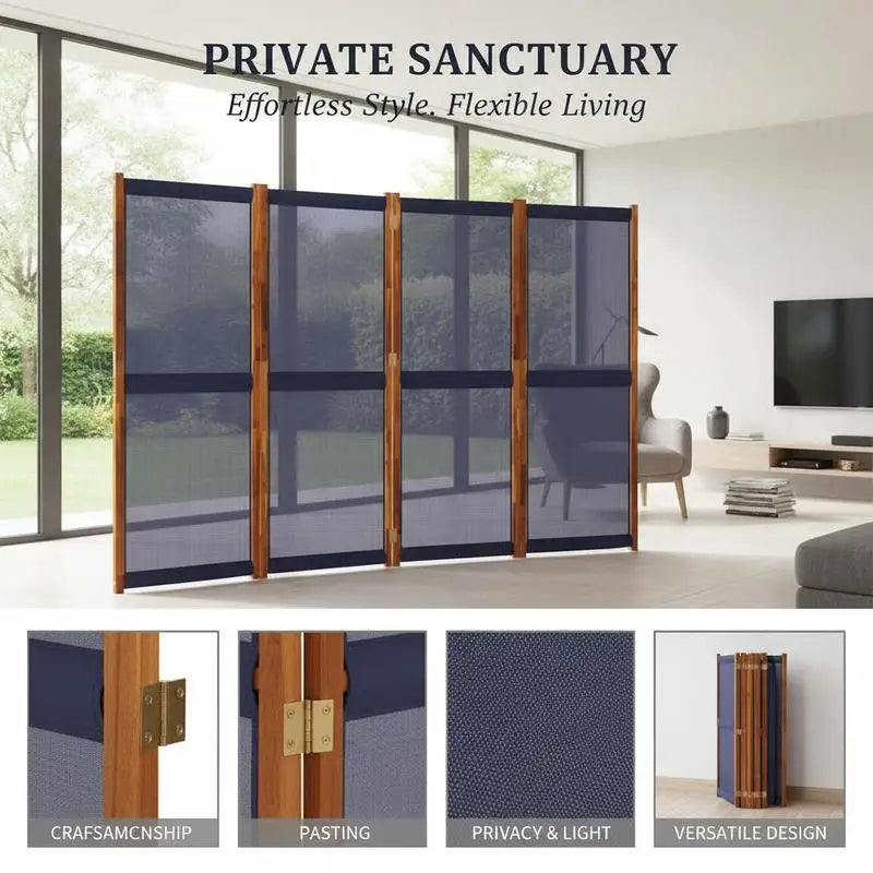 Paravent 4 Panneaux Acacia et Textilène Bleu Foncé 280 x 180 cm