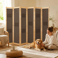 Paravent 6 Panneaux Bois et Tissu Marron 240 x 170 cm